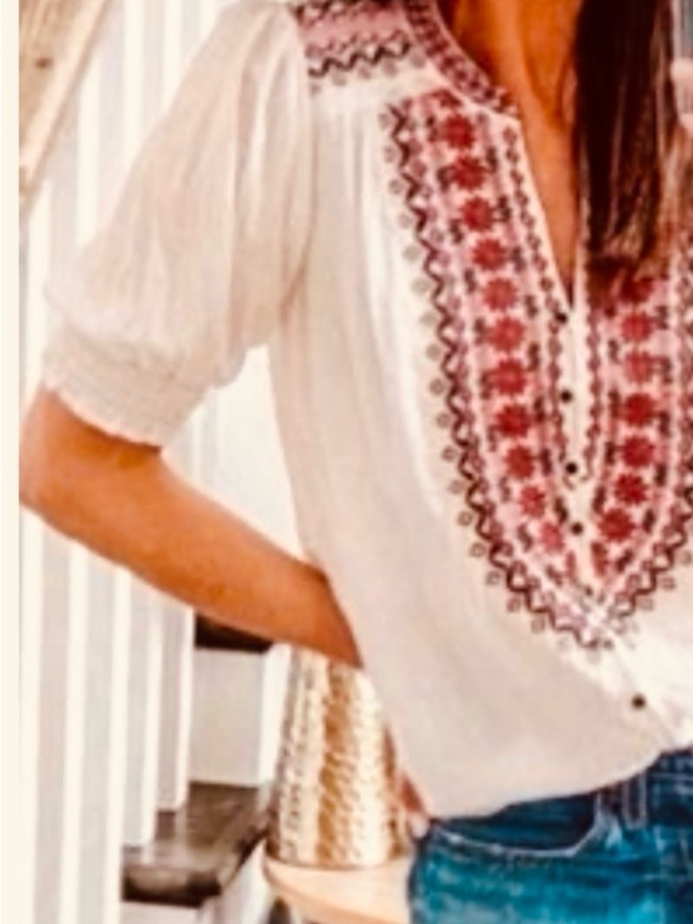 Knox Rose Embroidered Peasant Blouse Short Sleeve Boho Top  size Medium